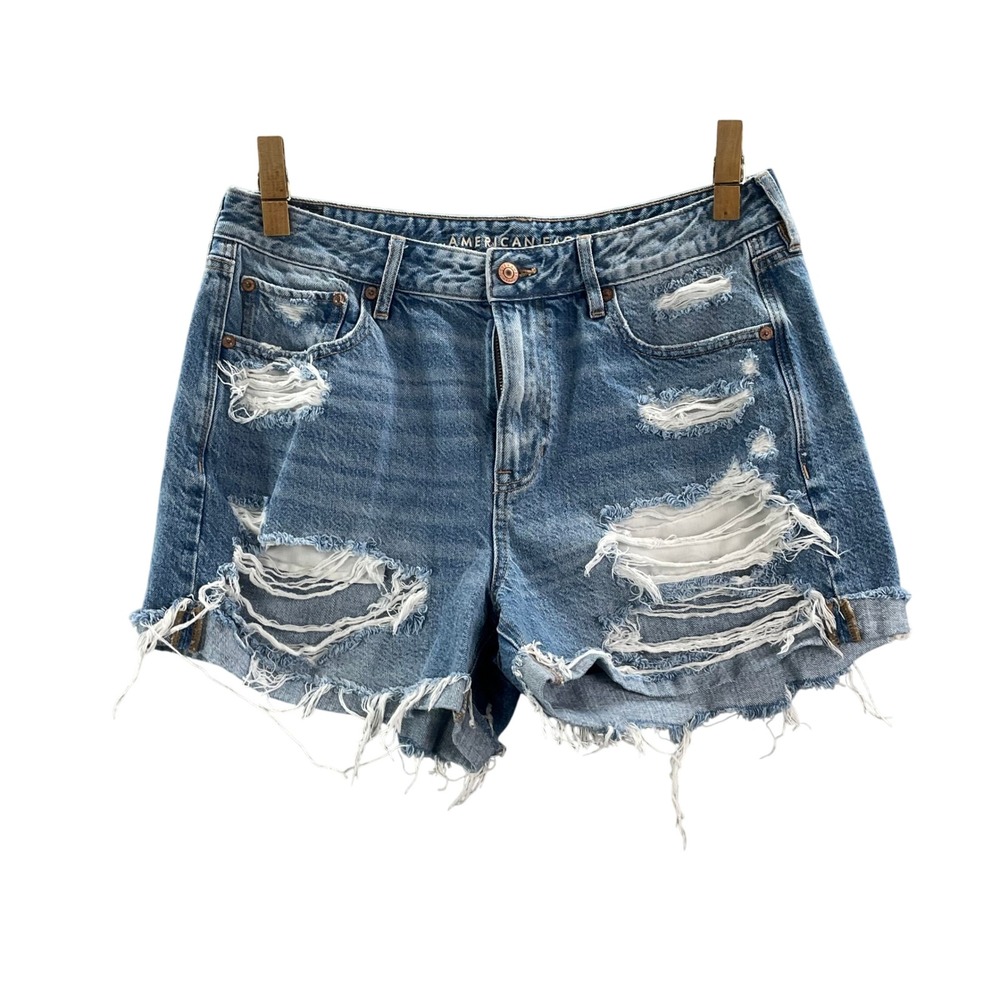 American Eagle Denim Shorts Womens 10 Blue Distressed High Rise Frayed Raw Hem